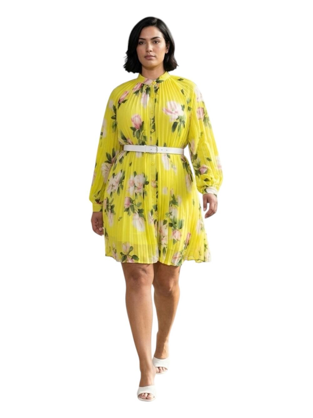 Beulah Style Pleated Floral Long Sleeve Chartreuse Yellow Mini Dress Tunic OS